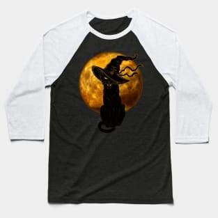 Beautiful Halloween Black Cat with Witch Hat and Full Moon Baseball T-Shirt